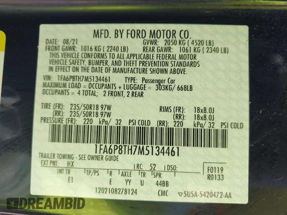 2021 Ford Mustang EcoBoost with VIN 1FA6P8TH7M5134461, listed as a IAAI auction lot 42526727 with 56,494 mi miles and . Bid and sale history available at DreamBid. Image 9.