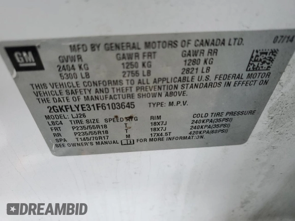 2015 GMC Terrain SLT with VIN 2GKFLYE31F6103645, listed as a Copart auction lot 43736865 with 143,711 mi miles and Salvage Title. Bid and sale history available at carsss.com. Image 13.