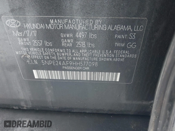 2017 Hyundai Sonata 2.4L with VIN 5NPE24AF9HH577098, listed as a IAAI auction lot 41536011 with 109,419 mi miles and . Bid and sale history available at DreamBid. Image 9.