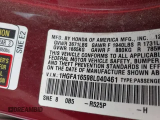 2008 Honda Civic LX with VIN 1HGFA16598L040461, listed as a IAAI auction lot 42196719 with 234,674 mi miles and . Bid and sale history available at DreamBid. Image 9.