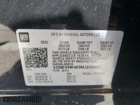 2021 Chevrolet Traverse LT z VIN 1GNEVHKW3MJ220800, wystawiony jako Copart lot #49889995 z przebiegiem 73 266 mil mil oraz Szkoda całkowita • Salvage title. Historia ofert i sprzedaży dostępna na DreamBid. Obrazek 16.