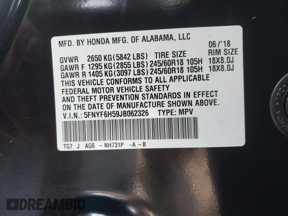 2018 Honda Pilot EX-L with VIN 5FNYF6H59JB062326, listed as a IAAI auction lot 40662881 with 77,573 mi miles and . Bid and sale history available at DreamBid. Image 9.
