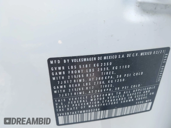 2021 Volkswagen Tiguan SE with VIN 3VV3B7AX7MM080266, listed as a IAAI auction lot 42062147 with 66,786 mi miles and . Bid and sale history available at DreamBid. Image 9.
