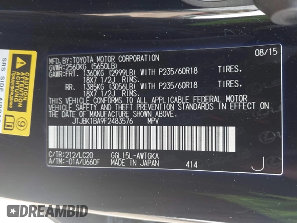 2015 Lexus RX 350 z VIN JTJBK1BA9F2483576, wystawiony jako IAAI lot #42769057 z przebiegiem 185 200 mil mil oraz . Historia ofert i sprzedaży dostępna na DreamBid. Obrazek 9.