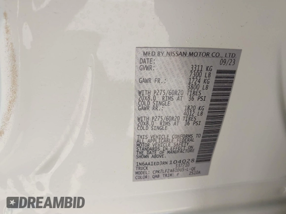 2024 Nissan Titan Pro-4X with VIN 1N6AA1ED3RN104028, listed as a IAAI auction lot 41837183 with 12,267 mi miles and . Bid and sale history available at DreamBid. Image 9.