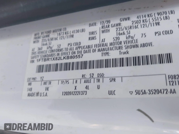 2020 Ford Transit Cargo with VIN 1FTBR1X82LKB80557, listed as a IAAI auction lot 41217513 with 89,774 mi miles and . Bid and sale history available at DreamBid. Image 9.