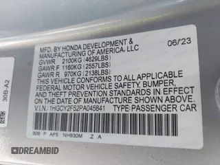 2023 Honda Accord Sport with VIN 1HGCY2F52PA045841, listed as a IAAI auction lot 42224595 with 25,549 mi miles and . Bid and sale history available at DreamBid. Image 9.