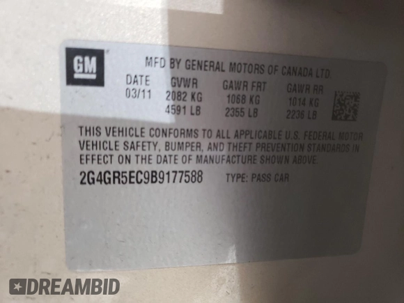 2011 Buick Regal CXL RL3 with VIN 2G4GR5EC9B9177588, listed as a Copart auction lot 87849355 with 117,821 mi miles and Non Repairable. Bid and sale history available at carsss.com. Image 12.