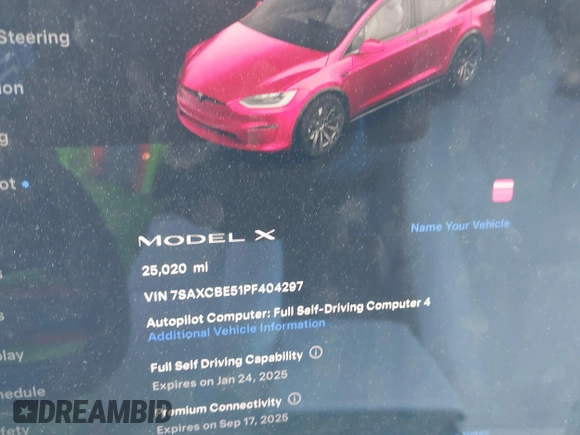 2023 Tesla Model X with VIN 7SAXCBE51PF404297, listed as a IAAI auction lot 41314595 with 25,020 mi miles and . Bid and sale history available at DreamBid. Image 7.