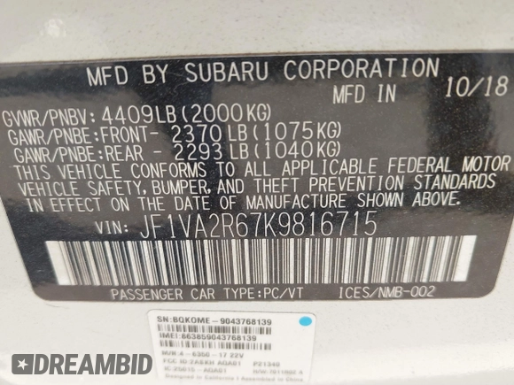2019 Subaru WRX STI with VIN JF1VA2R67K9816715, listed as a IAAI auction lot 41253977 with 72,107 mi miles. Bid and sale history available at carsss.com. Image 9.