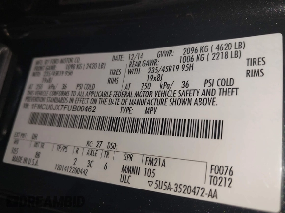 2015 Ford Escape Titanium z VIN 1FMCU0JX7FUB00462, wystawiony jako IAAI lot #42532943 z przebiegiem 88 623 mil mil oraz . Historia ofert i sprzedaży dostępna na DreamBid. Obrazek 9.