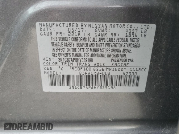 2017 Nissan Sentra SR Turbo with VIN 3N1CB7AP8HY339198, listed as a Copart auction lot 52327655 with Not Provided miles and Salvage Title. Bid and sale history available at DreamBid. Image 14.
