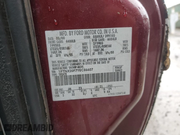 2000 Ford F-250 XL с VIN 1FTNX20F7YEC86607, выставлен на аукционе Copart как лот 49950095 с пробегом 423 056 миль миль и Списание • Salvage title. История ставок и продаж доступна на DreamBid. Изображение 12.