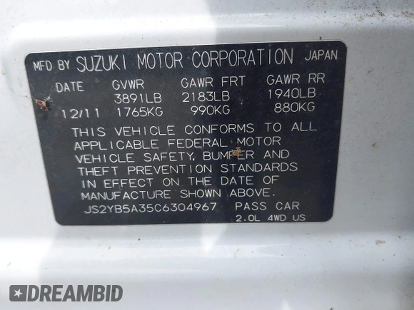 2012 Suzuki SX4 Crossover z VIN JS2YB5A35C6304967, wystawiony jako IAAI lot #42282088 z przebiegiem 152 232 mil mil oraz . Historia ofert i sprzedaży dostępna na DreamBid. Obrazek 9.