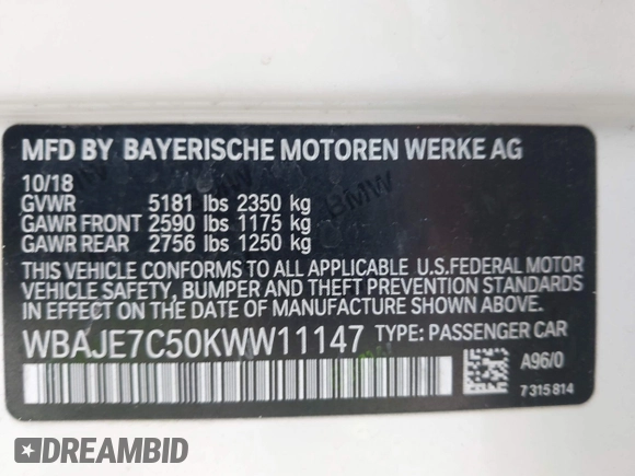 2019 BMW 5 Series 540i xDrive with VIN WBAJE7C50KWW11147, listed as a IAAI auction lot 42471644 with 44,144 mi miles and . Bid and sale history available at DreamBid. Image 9.
