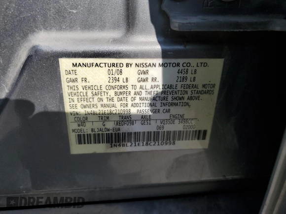 2008 Nissan Altima 3.5 SE with VIN 1N4BL21E18C210998, listed as a Copart auction lot 50406655 with 175,679 mi miles and Salvage Title. Bid and sale history available at carsss.com. Image 14.