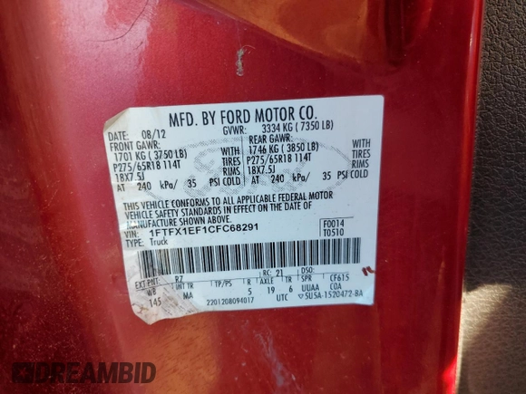 2012 Ford F-150 XL with VIN 1FTFX1EF1CFC68291, listed as a Copart auction lot 41531205 with 73,755 mi miles and Salvage Title. Bid and sale history available at carsss.com. Image 12.