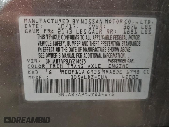 2018 Nissan Sentra SR with VIN 3N1AB7AP9JY214675, listed as a Copart auction lot 53958805 with 88,585 mi miles and Salvage Title. Bid and sale history available at DreamBid. Image 13.