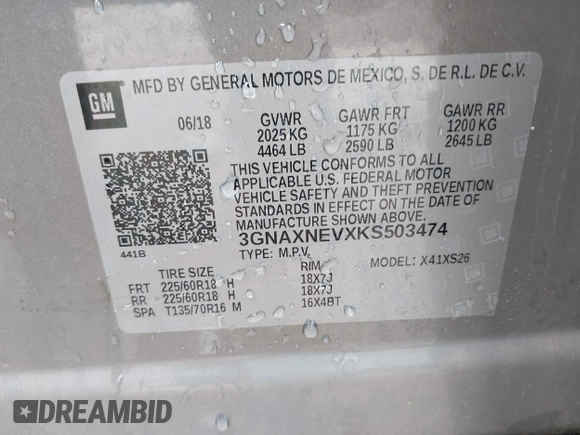 2019 Chevrolet Equinox Premier z VIN 3GNAXNEVXKS503474, wystawiony jako IAAI lot #42084263 z przebiegiem 93 838 mil mil oraz . Historia ofert i sprzedaży dostępna na DreamBid. Obrazek 9.