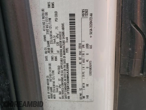 2021 Ford Transit Cargo с VIN 1FTBR1X89MKA53998, выставлен на аукционе Copart как лот 59292575 с пробегом 85 472 миль миль и Списание • Salvage title. История ставок и продаж доступна на DreamBid. Изображение 13.