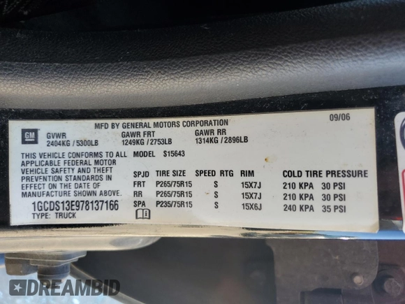 2007 Chevrolet Colorado 2LT with VIN 1GCDS13E978137166, listed as a Copart auction lot 48802915 with 250,469 mi miles and Salvage Title. Bid and sale history available at DreamBid. Image 14.