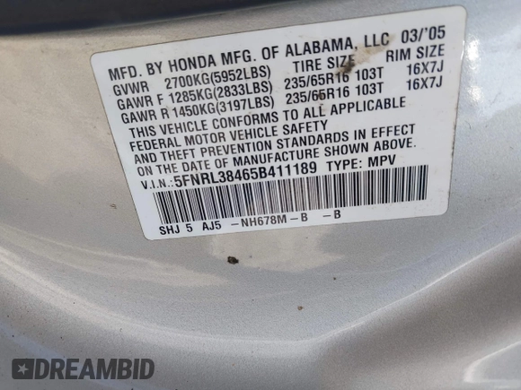 2005 Honda Odyssey EX z VIN 5FNRL38465B411189, wystawiony jako IAAI lot #42310199 z przebiegiem 304 142 mil mil oraz . Historia ofert i sprzedaży dostępna na DreamBid. Obrazek 9.