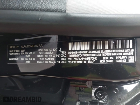 2018 Alfa Romeo Stelvio Sport z VIN ZASFAKPN9J7B70085, wystawiony jako IAAI lot #40823547 z przebiegiem Nie podano mil oraz . Historia ofert i sprzedaży dostępna na DreamBid. Obrazek 9.