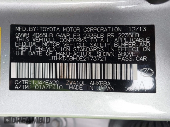 2014 Lexus CT 200h Hybrid with VIN JTHKD5BH0E2173721, listed as a IAAI auction lot 41798469 with 124,337 mi miles. Bid and sale history available at carsss.com. Image 9.