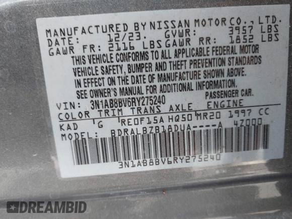 2024 Nissan Sentra S with VIN 3N1AB8BV6RY275240, listed as a IAAI auction lot 41691007 with 10,349 mi miles. Bid and sale history available at carsss.com. Image 9.