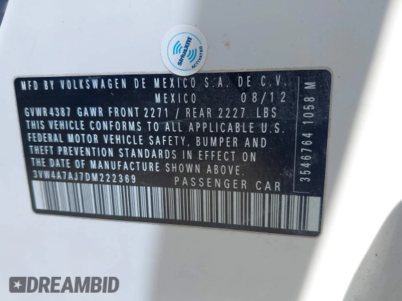 2013 Volkswagen Jetta GLI Autobahn with VIN 3VW4A7AJ7DM222369, listed as a IAAI auction lot 41959351 with 155,536 mi miles and . Bid and sale history available at DreamBid. Image 9.