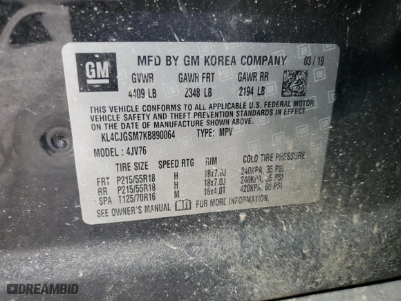 2019 Buick Encore Essence with VIN KL4CJGSM7KB890064, listed as a Copart auction lot 43515585 with 105,767 mi miles and Salvage Title. Bid and sale history available at carsss.com. Image 13.