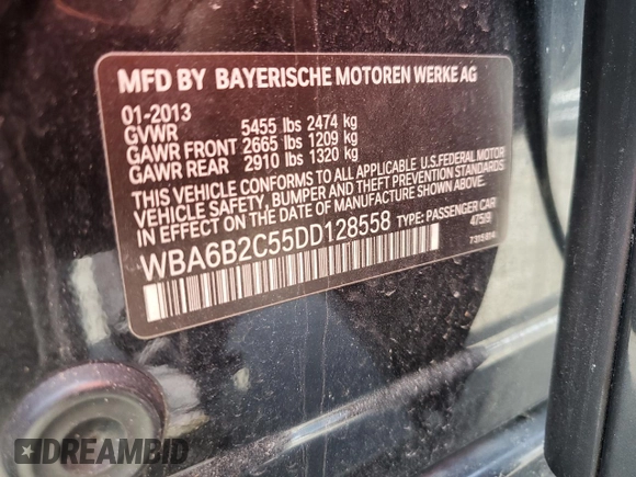 2013 BMW 6 Series 650i with VIN WBA6B2C55DD128558, listed as a Copart auction lot 48715085 with 85,718 mi miles and Clean Title. Bid and sale history available at DreamBid. Image 12.
