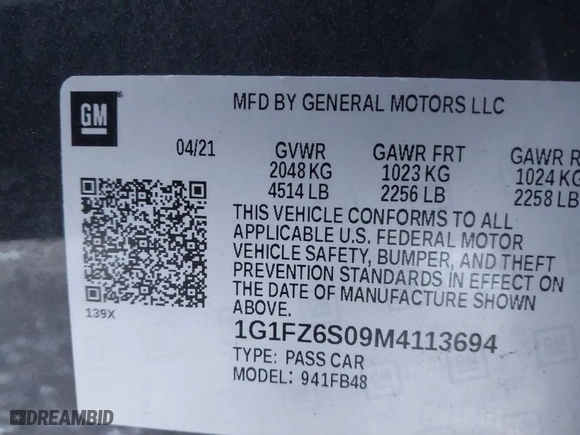 2021 Chevrolet Bolt EV Premier with VIN 1G1FZ6S09M4113694, listed as a IAAI auction lot 41378289 with 40,979 mi miles. Bid and sale history available at carsss.com. Image 9.