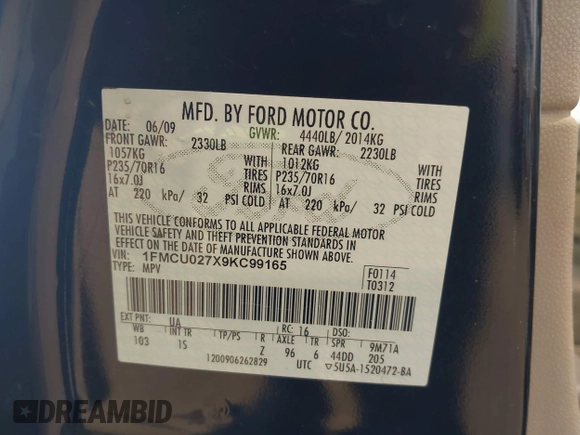 2009 Ford Escape XLS with VIN 1FMCU027X9KC99165, listed as a IAAI auction lot 42565928 with 179,177 mi miles and . Bid and sale history available at DreamBid. Image 9.