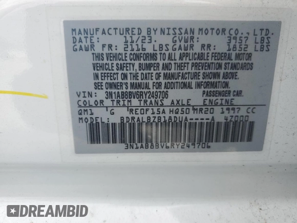 2024 Nissan Sentra S with VIN 3N1AB8BV6RY249706, listed as a Copart auction lot 47398675 with 15,839 mi miles and Salvage Title. Bid and sale history available at DreamBid. Image 14.