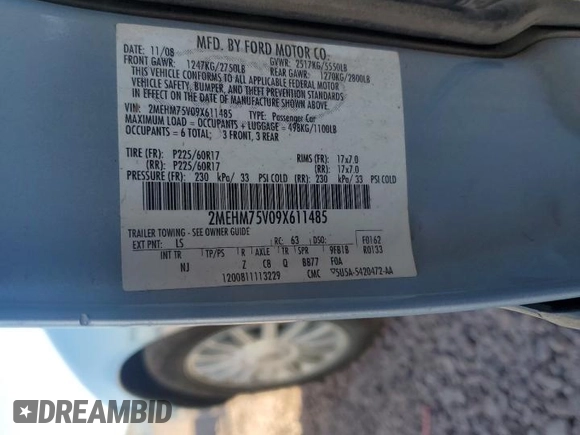 2009 Mercury Grand Marquis LS with VIN 2MEHM75V09X611485, listed as a Copart auction lot 51715775 with 97,578 mi miles and Salvage Title. Bid and sale history available at carsss.com. Image 12.