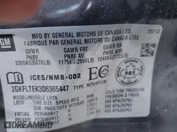 2013 GMC Terrain SLE with VIN 2GKFLTEK3D6365447, listed as a Copart auction lot 87971945 with 171,847 mi miles and Clean Title. Bid and sale history available at carsss.com. Image 14.