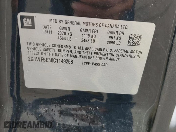 2012 Chevrolet Impala LS Fleet with VIN 2G1WF5E30C1149258, listed as a Copart auction lot 62842275 with 120,654 mi miles and Salvage title. Bid and sale history available at DreamBid. Image 12.