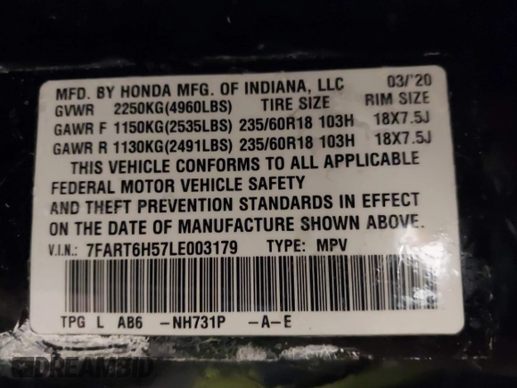2020 Honda CR-V EX with VIN 7FART6H57LE003179, listed as a IAAI auction lot 41069912 with 53,189 mi miles and . Bid and sale history available at DreamBid. Image 9.