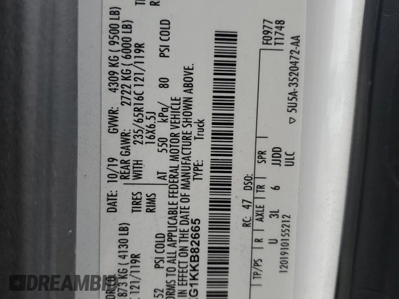 2019 Ford Transit with VIN 1FTBW3XG1KKB82665, listed as a Copart auction lot 57649055 with 440,416 mi miles and Salvage title. Bid and sale history available at DreamBid. Image 13.