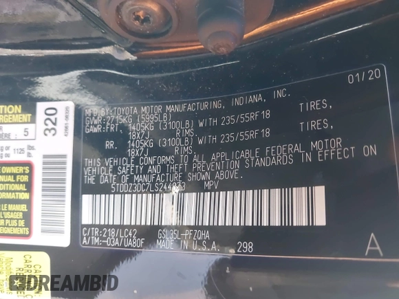 2020 Toyota Sienna XLE z VIN 5TDDZ3DC7LS244873, wystawiony jako IAAI lot #41941263 z przebiegiem 93 545 mil mil oraz . Historia ofert i sprzedaży dostępna na DreamBid. Obrazek 9.