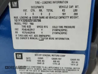 2002 Chevrolet Corvette with VIN 1G1YY22G325133786, listed as a Copart auction lot 87978585 with 0 mi miles and Salvage Title. Bid and sale history available at carsss.com. Image 14.