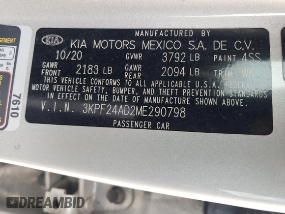 2021 Kia Forte LXS with VIN 3KPF24AD2ME290798, listed as a Copart auction lot 61677625 with 100,333 mi miles and Non repairable. Bid and sale history available at DreamBid. Image 12.