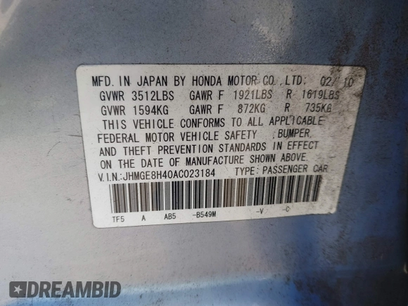 2010 Honda Fit Sport с VIN JHMGE8H40AC023184, выставлен на аукционе IAAI как лот 41605278 с пробегом 88 367 миль миль и . История ставок и продаж доступна на DreamBid. Изображение 9.