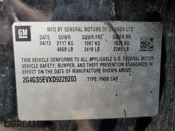 2013 Buick Regal Turbo Premium 1 with VIN 2G4GS5EVXD9228203, listed as a Copart auction lot 57750785 with 127,578 mi miles and Salvage title. Bid and sale history available at DreamBid. Image 12.