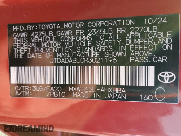 2024 Toyota Prius LE with VIN JTDADABU0R3021196, listed as a Copart auction lot 44569245 with 369 mi miles and Salvage Title. Bid and sale history available at carsss.com. Image 12.
