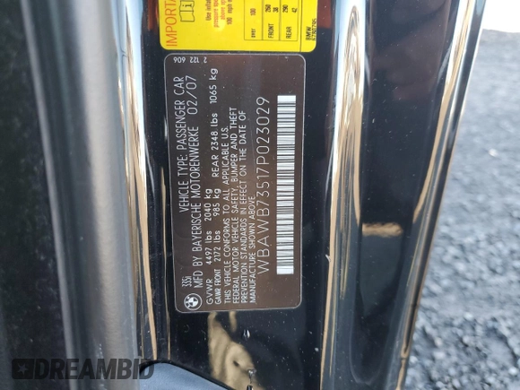 2007 BMW 3 Series 335i with VIN WBAWB73517P023029, listed as a Copart auction lot 85694814 with 86,360 mi miles and Salvage Title. Bid and sale history available at DreamBid. Image 14.