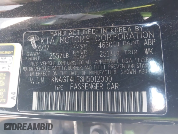 2017 Kia Optima with VIN KNAGT4LE3H5012000, listed as a IAAI auction lot 42688658 with 162,137 mi miles and . Bid and sale history available at DreamBid. Image 9.
