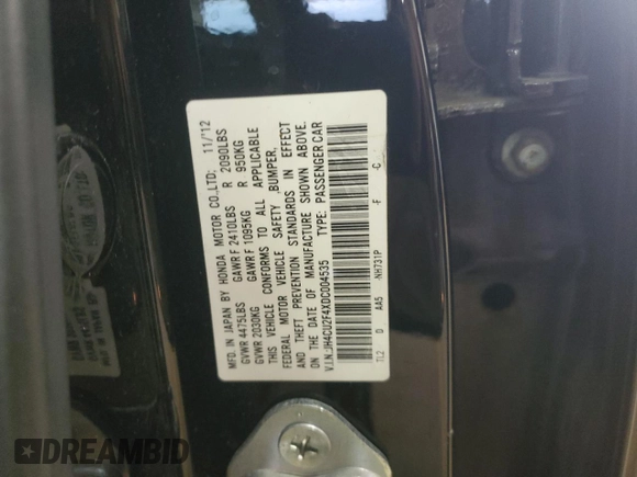 2013 Acura TSX with VIN JH4CU2F4XDC004535, listed as a Copart auction lot 61423175 with 161,898 mi miles and Salvage title. Bid and sale history available at DreamBid. Image 12.