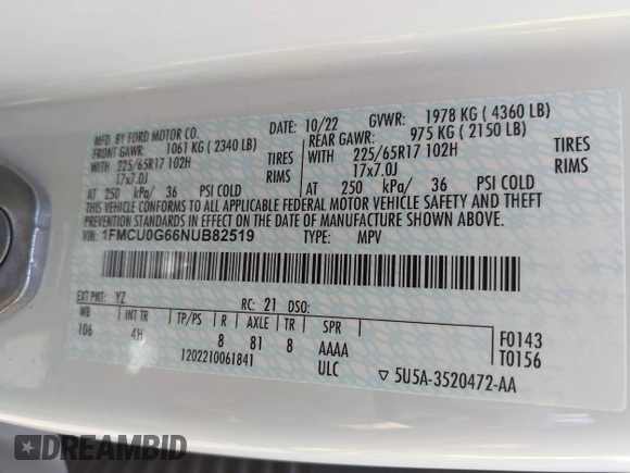 2022 Ford Escape SE z VIN 1FMCU0G66NUB82519, wystawiony jako IAAI lot #42444455 z przebiegiem 102 980 mil mil oraz . Historia ofert i sprzedaży dostępna na DreamBid. Obrazek 9.
